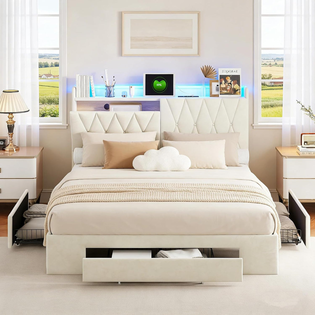 Łóżko tapicerowane, BRILVERDE, 160 x 200 cm, Beżowy/Biały, aksamit, miejsce do przechowywania, 3 szuflad, oświetlenie LED, USB