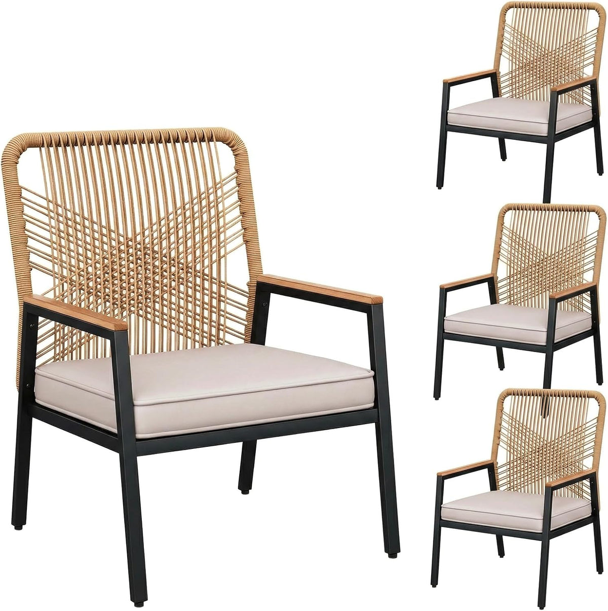 LIFERUN, Zestaw 4 krzeseł do jadalni, 8 cm, 160 kg, Beżowy/Szary, polirattan, odporność na warunki atmosferyczne