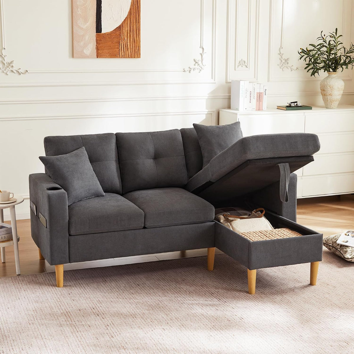 Sofa narożna, OKMYHOME, 175 x 129 x 90 cm, Szary, lite drewno, 3-osobowa, modułowa konstrukcja