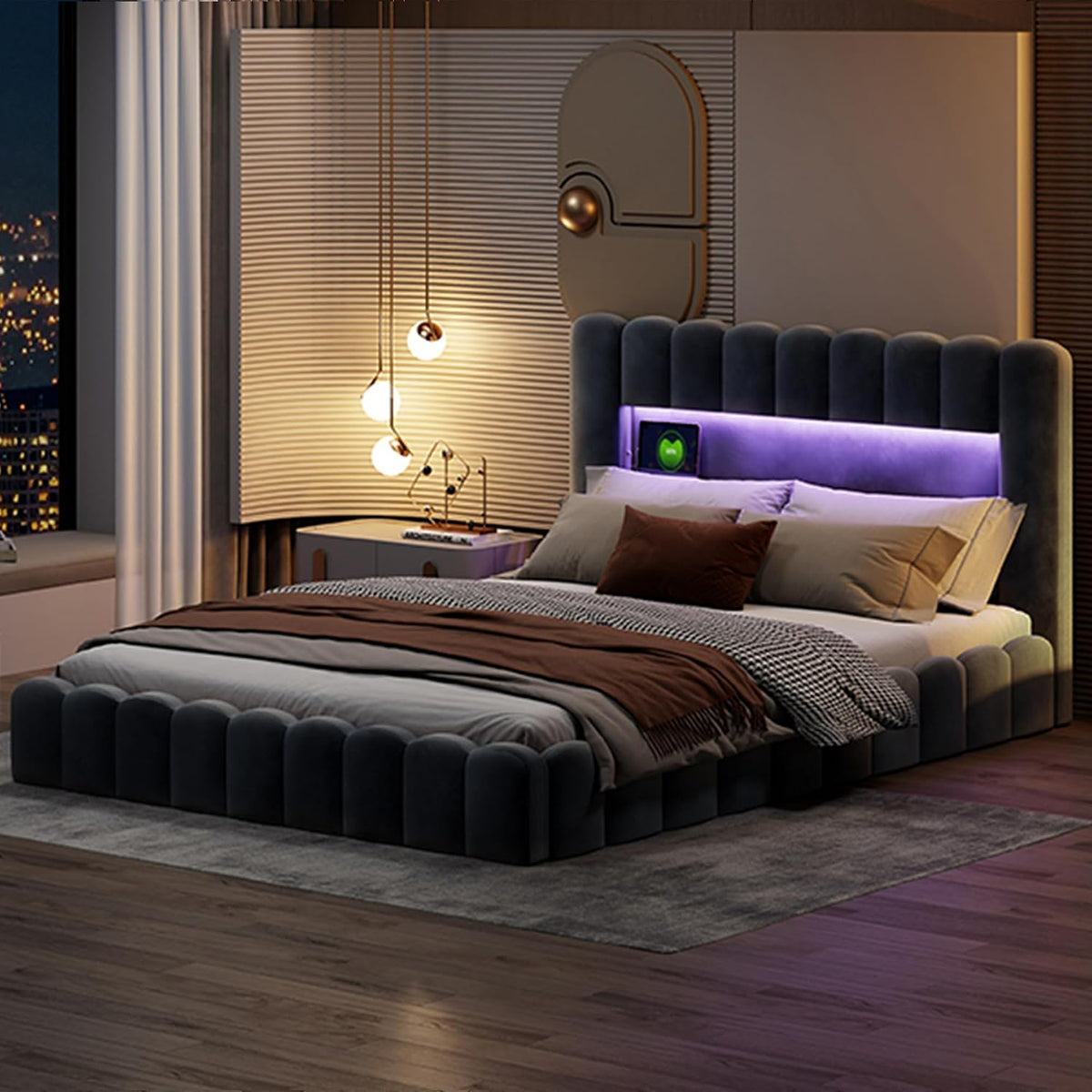 Łóżko tapicerowane, BSCFHCZ, 180 x 200 cm, Szary, aksamit, oświetlenie LED, USB, pilot zdalnego sterowania