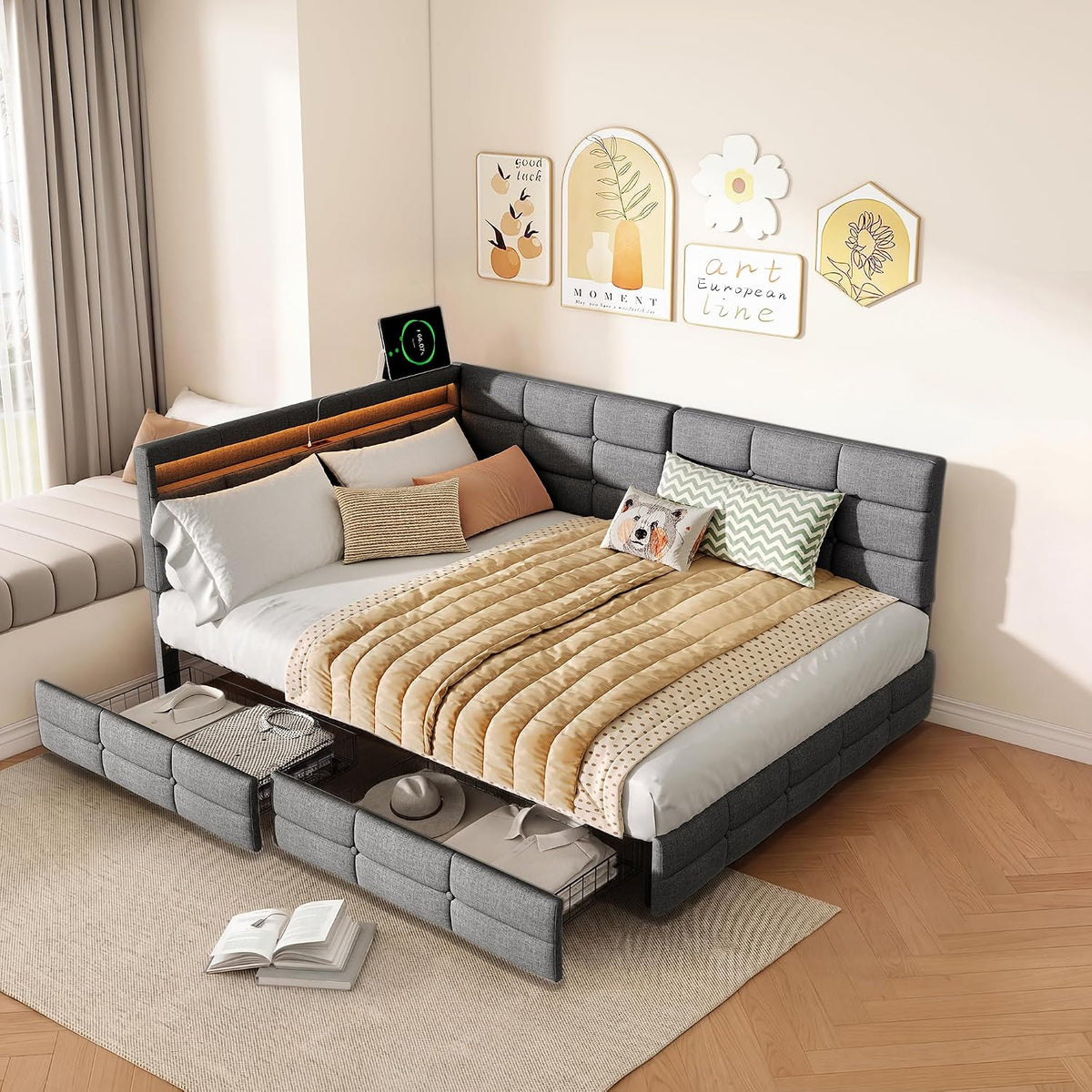 Sofa, MIOOSUT, 140 x 190 cm, Szary, 2-osobowe, oświetlenie LED, USB