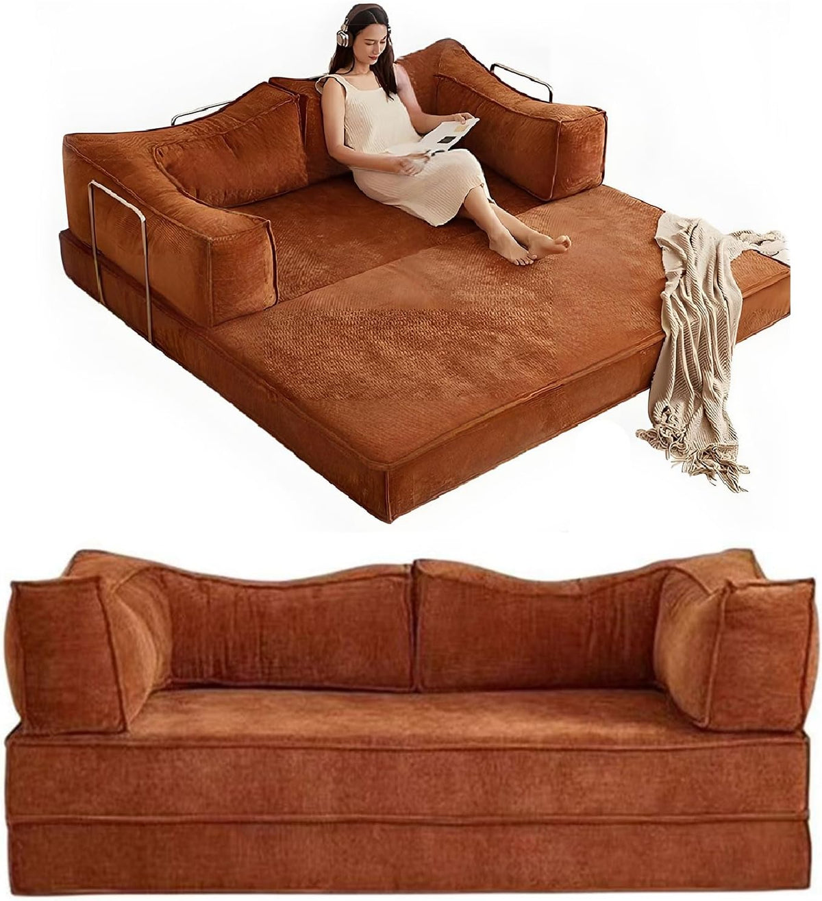 Sofa, 200 cm, Pomarańczowy, sztruks, 3-osobow, składana konstrukcja, modułowa konstrukcja