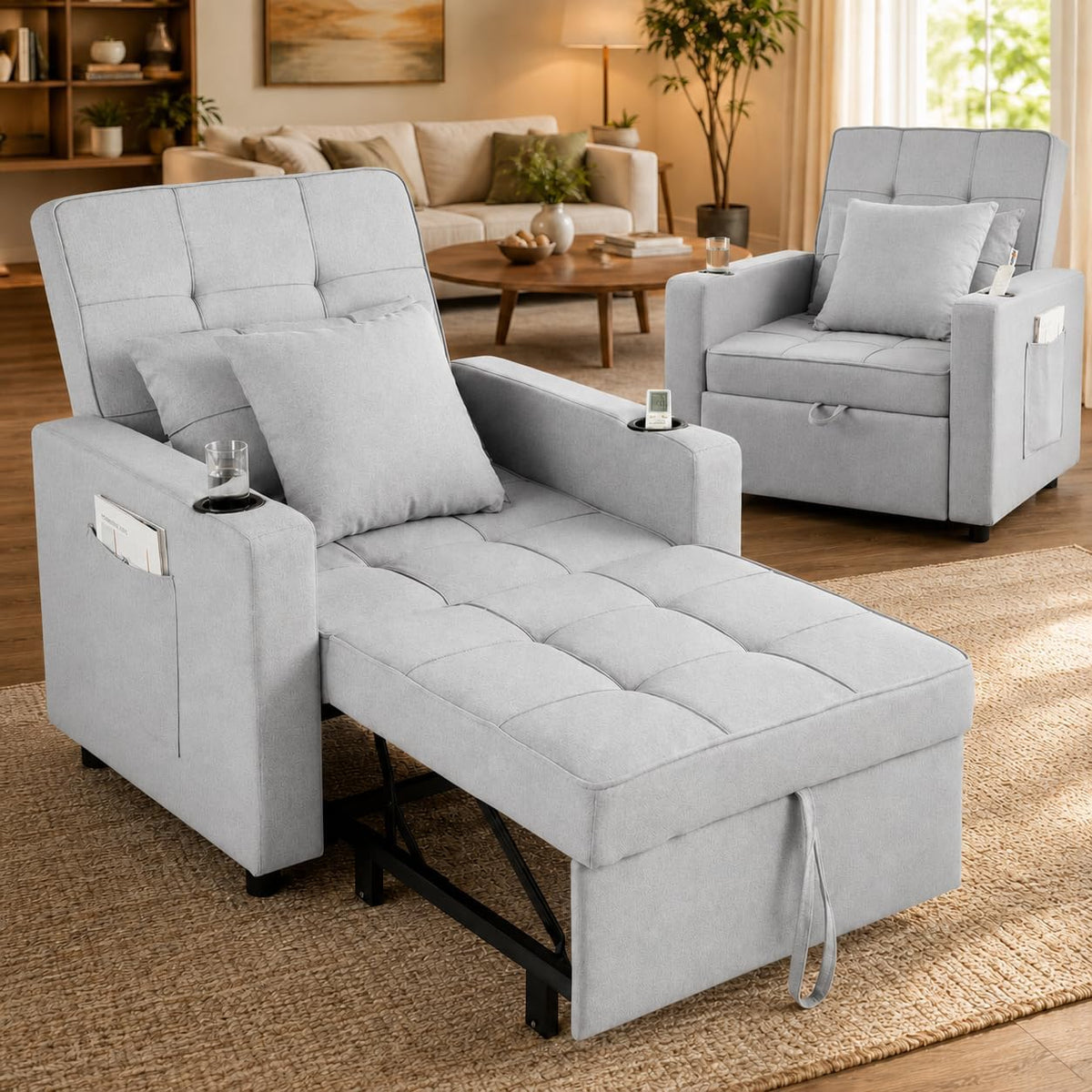Sofa, Makika, 3 W, 150 kg, 90 x 75 x 95 cm, Szary, funkcja spania, regulowane oparcie, 3 w 1