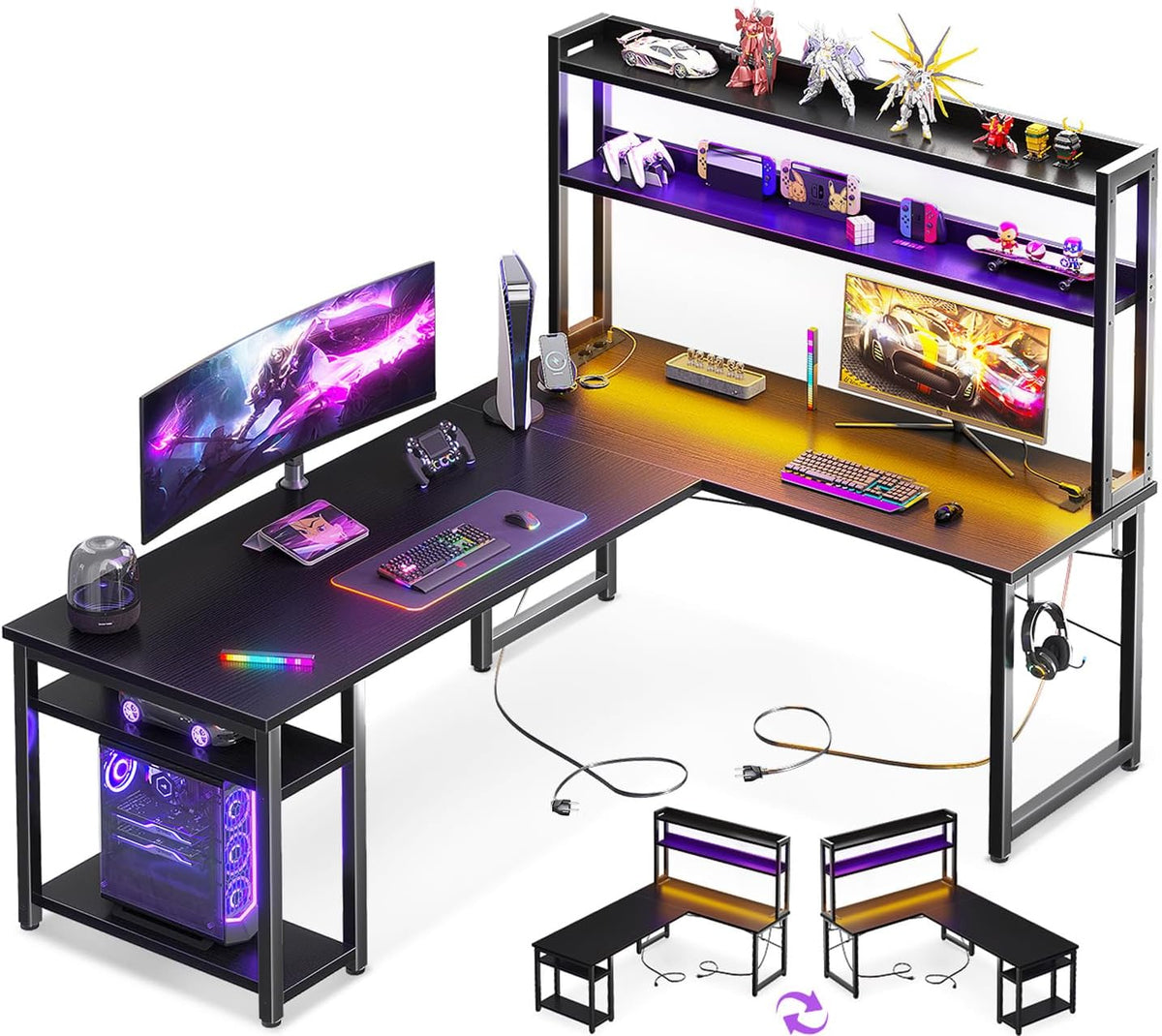 Biurko, ODK, 150 x 120 cm, Czarny, oświetlenie LED, USB, Bluetooth