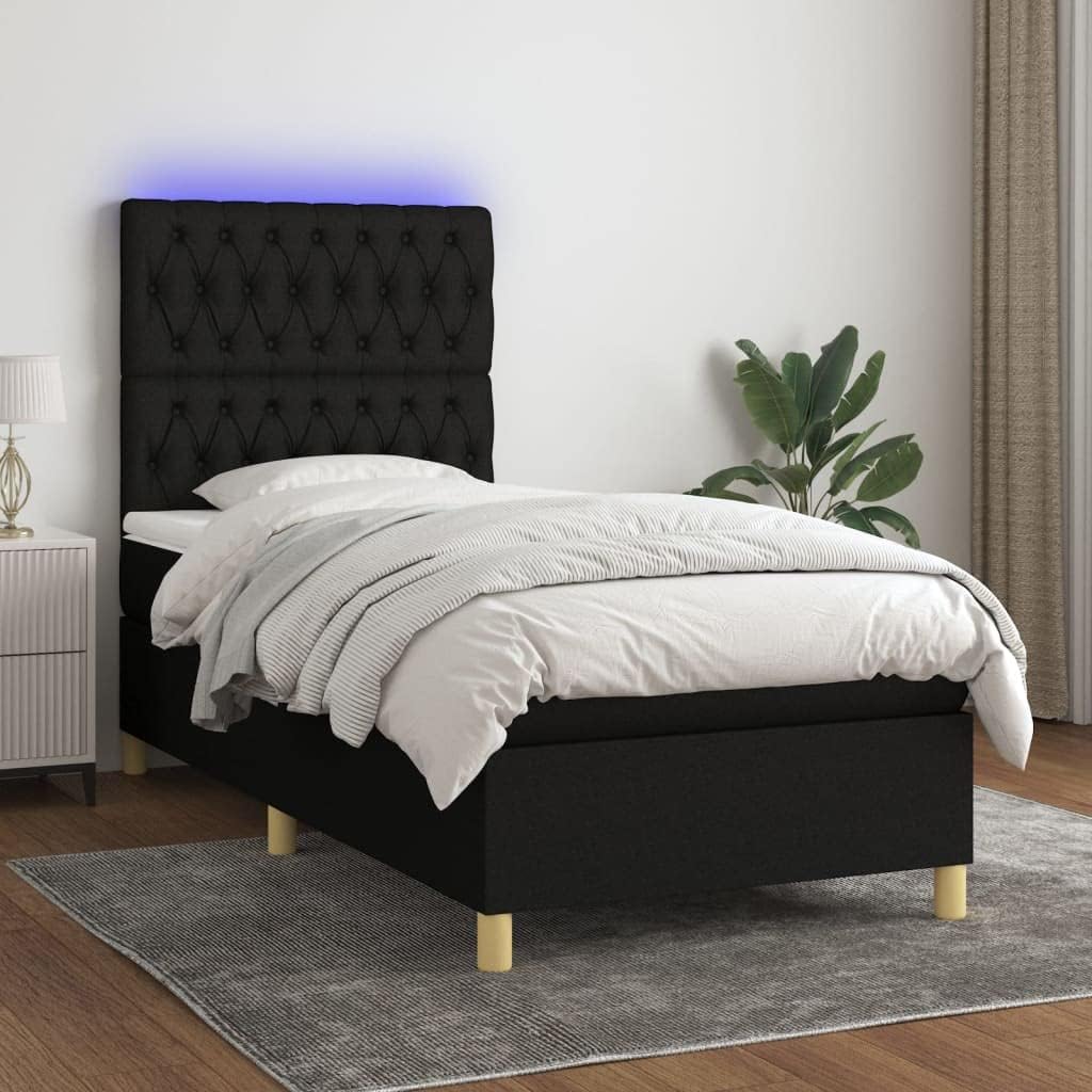 Łóżko kontynentalne, Tonture, 100 x 200 cm, 5 V, Czarny, lite drewno, oświetlenie LED, USB