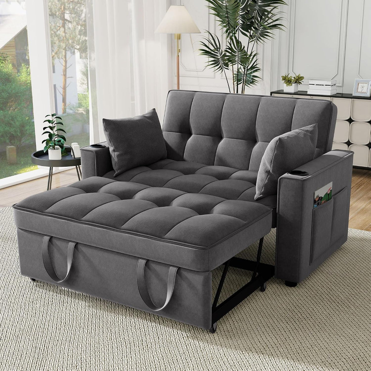 Sofa, 150 kg, 137 x 76,5 x 83 cm, Szary/Czarny, lite drewno, 2-osobowa, funkcja spania, miejsce do przechowywania, składana konstrukcja