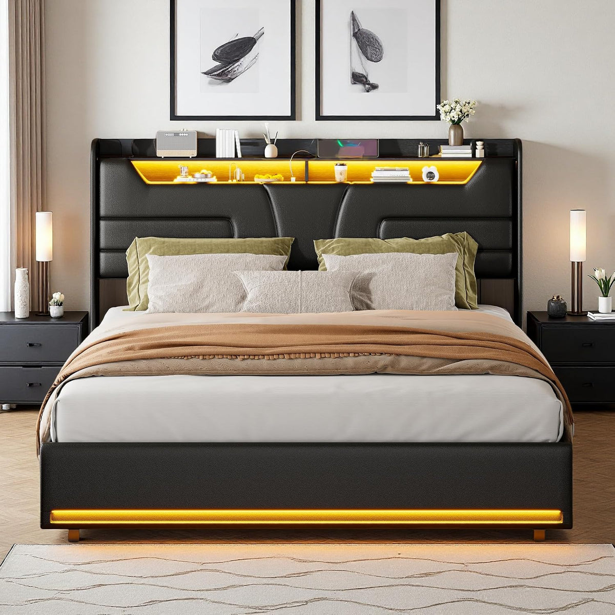 Łóżko tapicerowane, Zorvani, 160 x 200 cm, 12 W, Czarny, metal, miejsce do przechowywania, regulowana wysokość, oświetlenie LED, USB