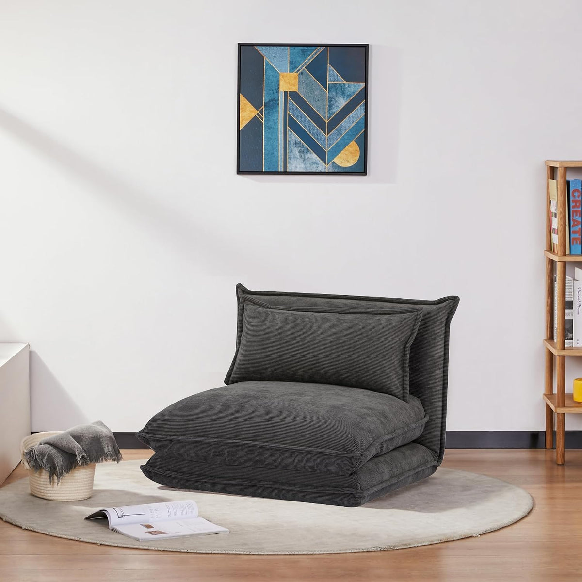 Sofa, en.casa, 59 x 85,5 x 67 cm, Szary, sztruks, 1-osobowa, funkcja spania, regulowane oparcie, składana konstrukcja
