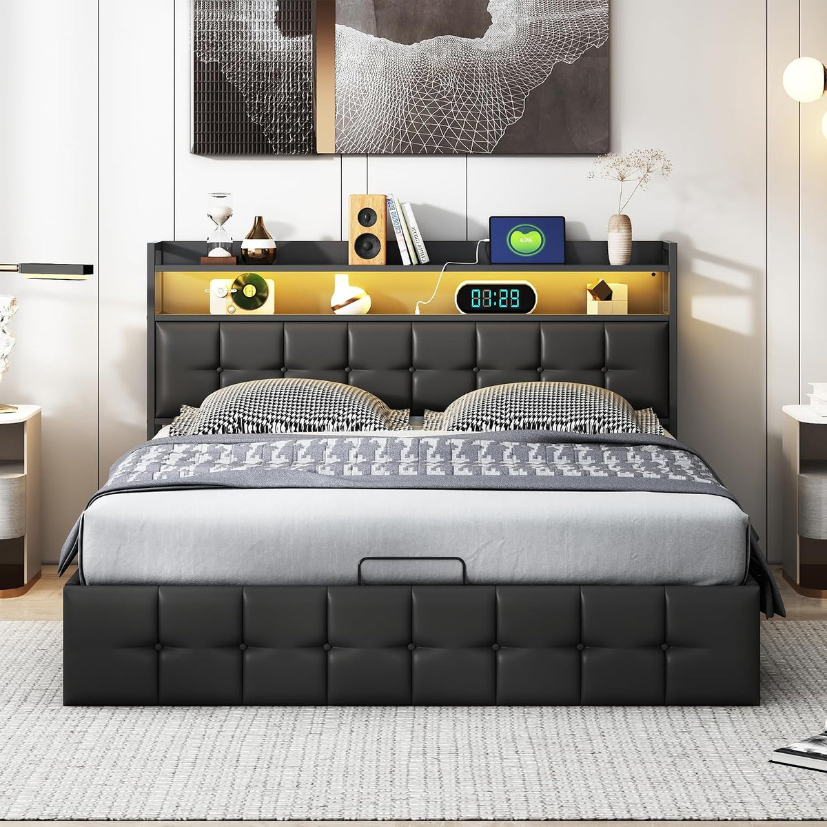 Łóżko kontynentalne, WSOFZMO, 140 x 200 cm, Czarny, metal, oświetlenie LED, USB, pilot zdalnego sterowania