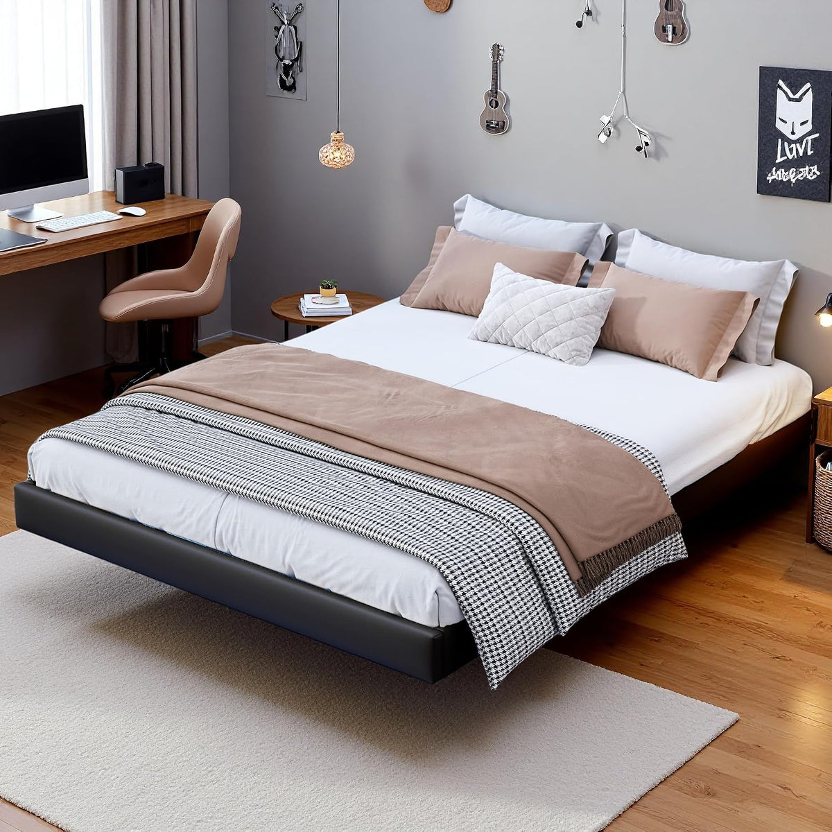 Łóżko tapicerowane, PerGar, 160 x 200 cm, Szary/Brązowy, metal, funkcja spania, oświetlenie LED, USB
