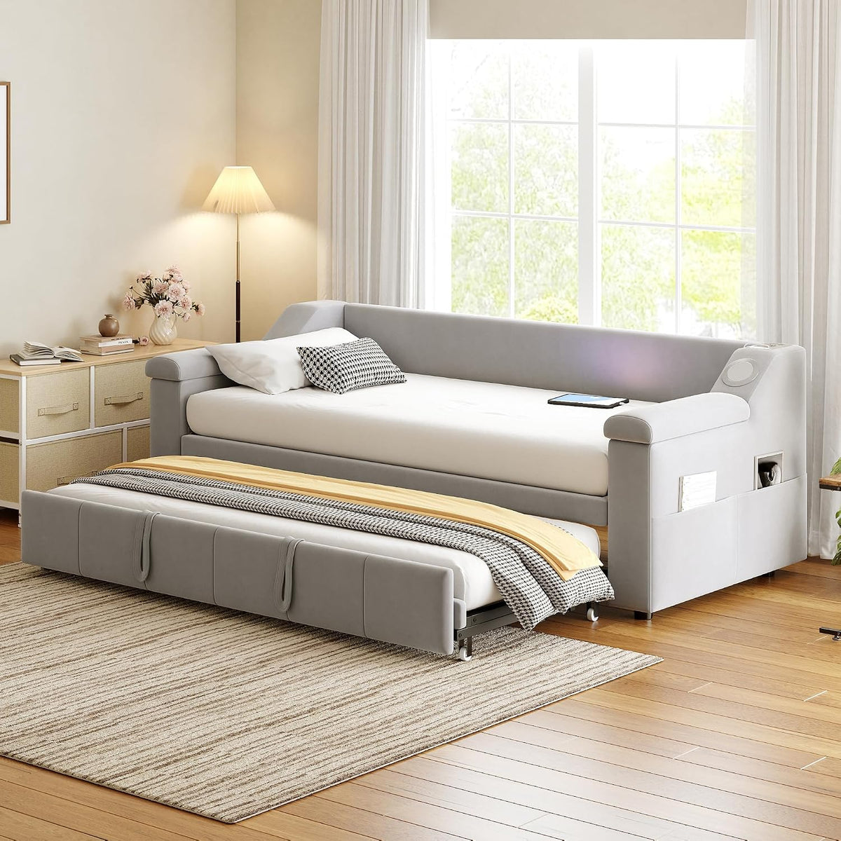Sofa, Luscriate, 180 x 190 cm, 2 W, Beżowy/Szary, aksamit, funkcja spania, USB, Bluetooth, 2 w 1