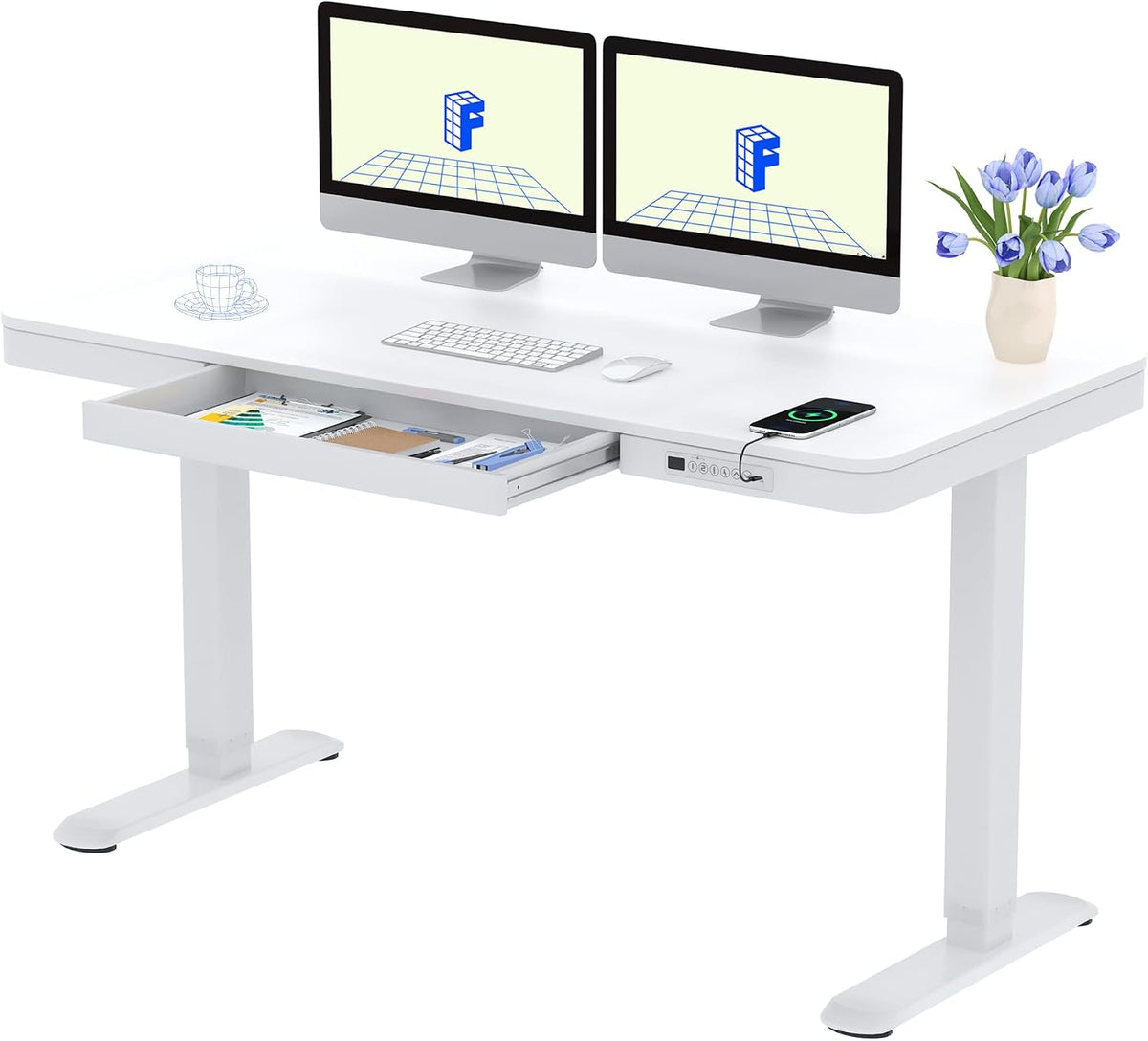 Biurko, FLEXISPOT, 140 x 70 cm, Biały/Szary, oświetlenie LED, USB