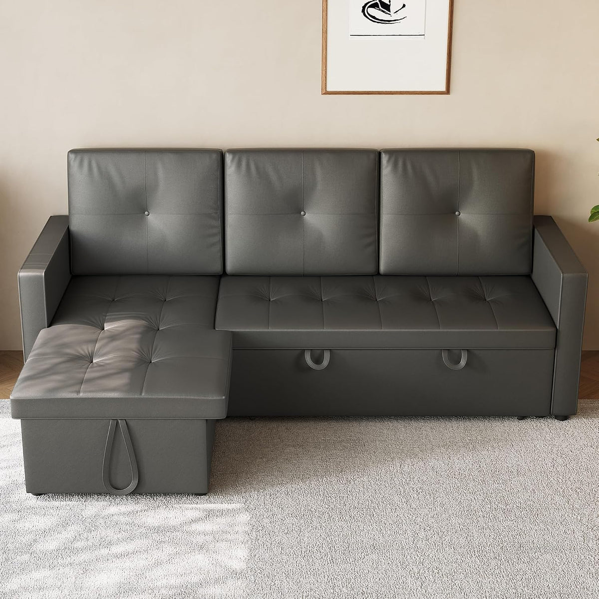 SONNI, Sofa narożna, 203 x 130 x 88 cm, 3 W, Szary, 3-osobowa, funkcja spania, 3 w 1