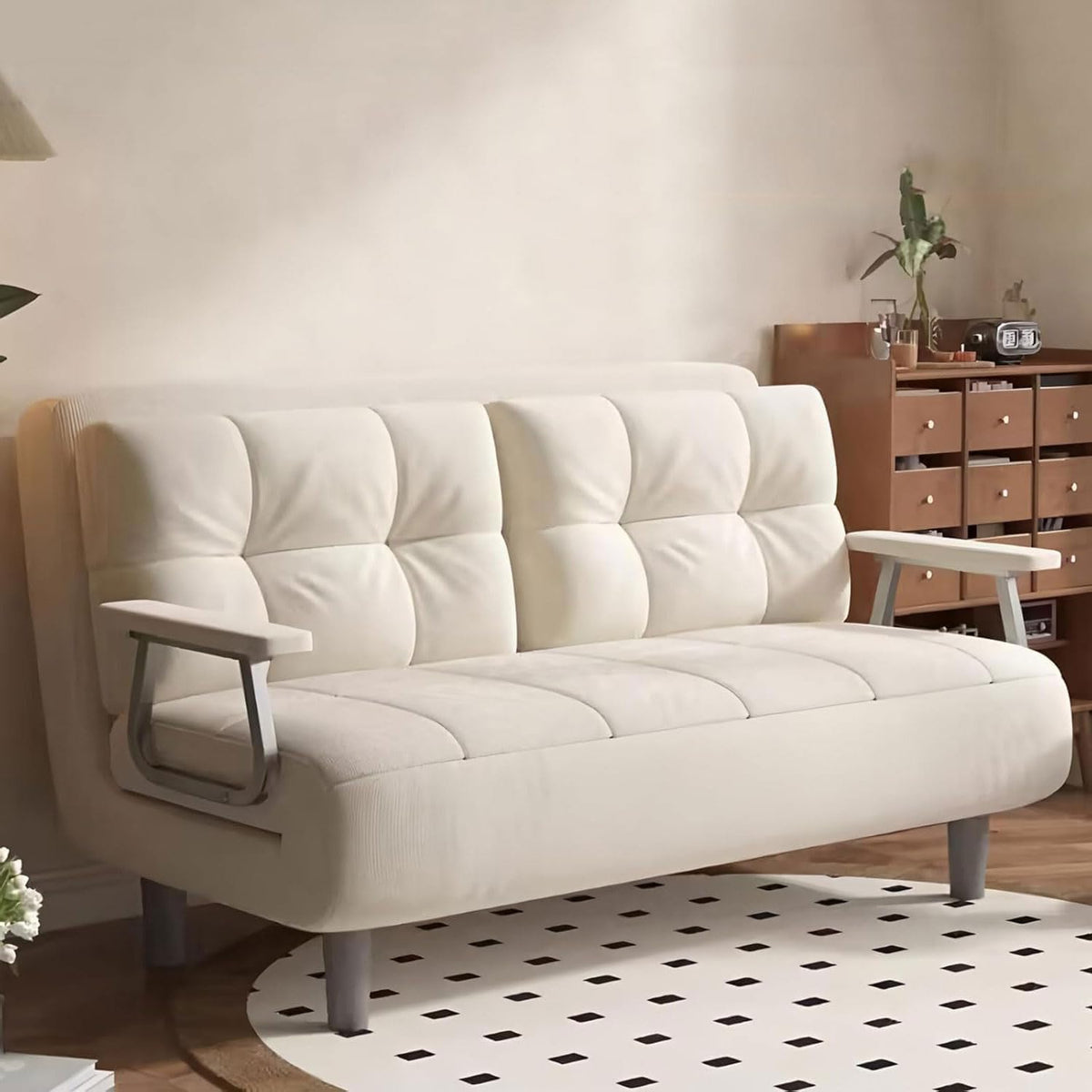 Sofa, 80 cm, 4 W, Beżowy/Biały, sztruks, regulowane oparcie, składana konstrukcja