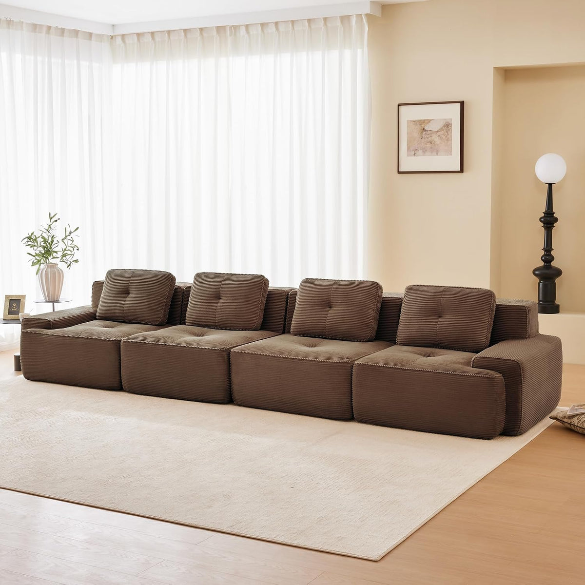 Sofa, Luscriate, 74 cm, Brązowy, sztruks, 4-osobowa, funkcja spania, modułowa konstrukcja