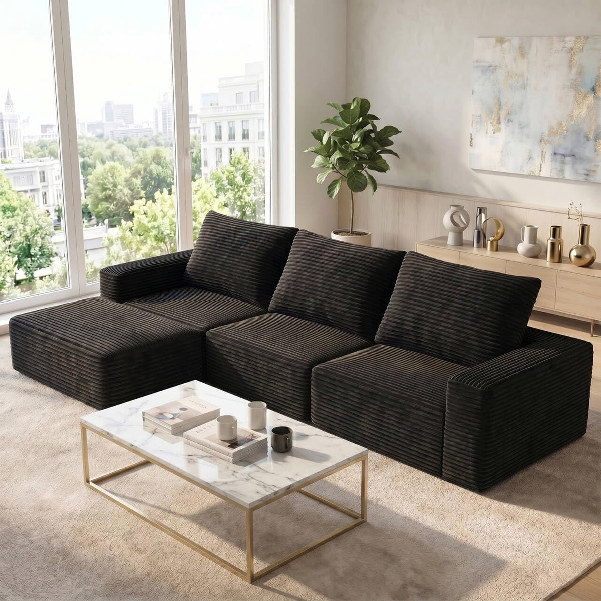 OOFAYJIA, Sofa narożna, 278 cm, Czarny, 3-osobowa, funkcja spania, modułowa konstrukcja