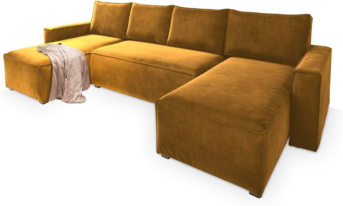 Sofa rozkładana, Masseno, 130x265 cm, Żółty, płyta wiórowa, funkcja spania, miejsce do przechowywania