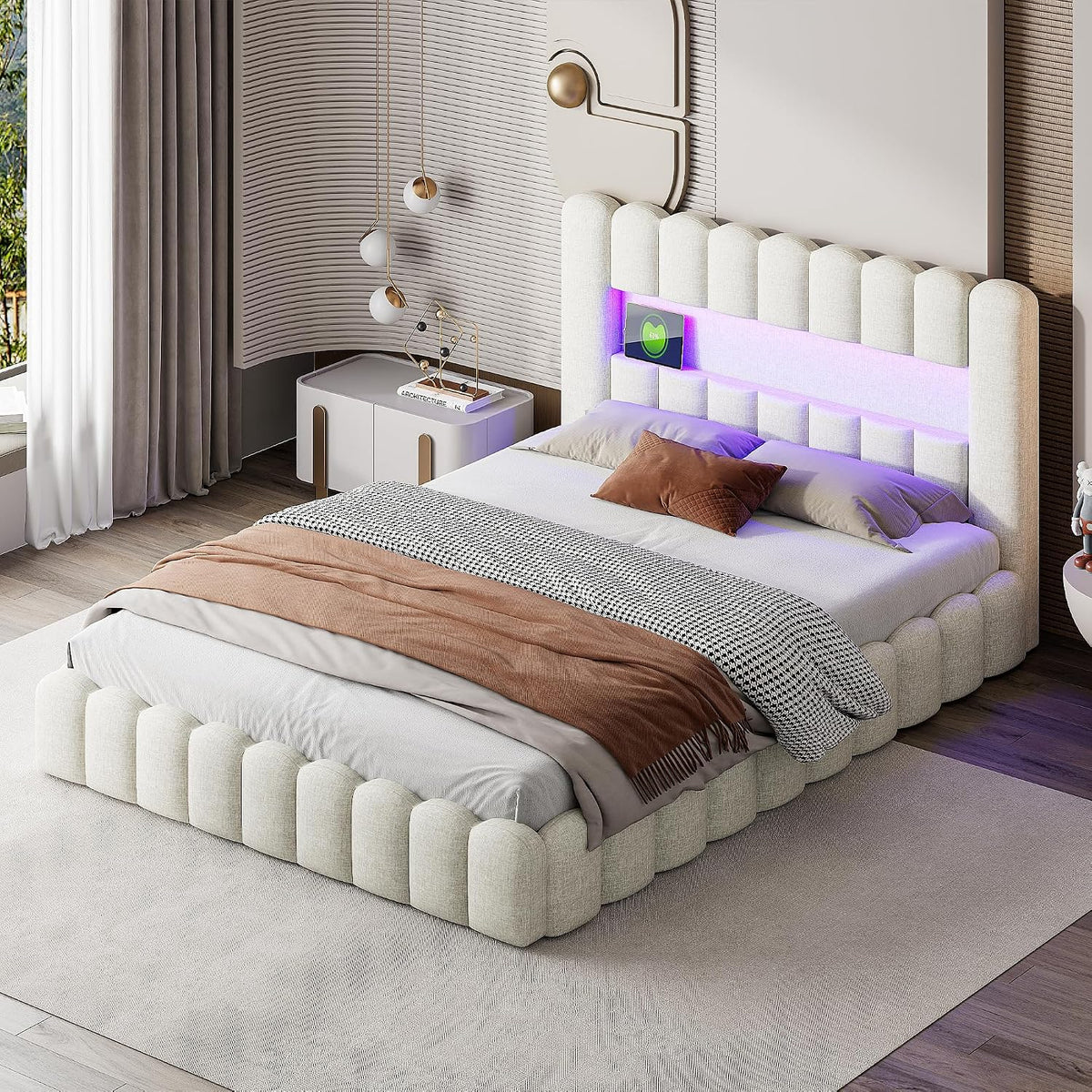 Łóżko tapicerowane, Aneutr, 193 x 96 cm, Beżowy, MDF, oświetlenie LED, USB, pilot zdalnego sterowania