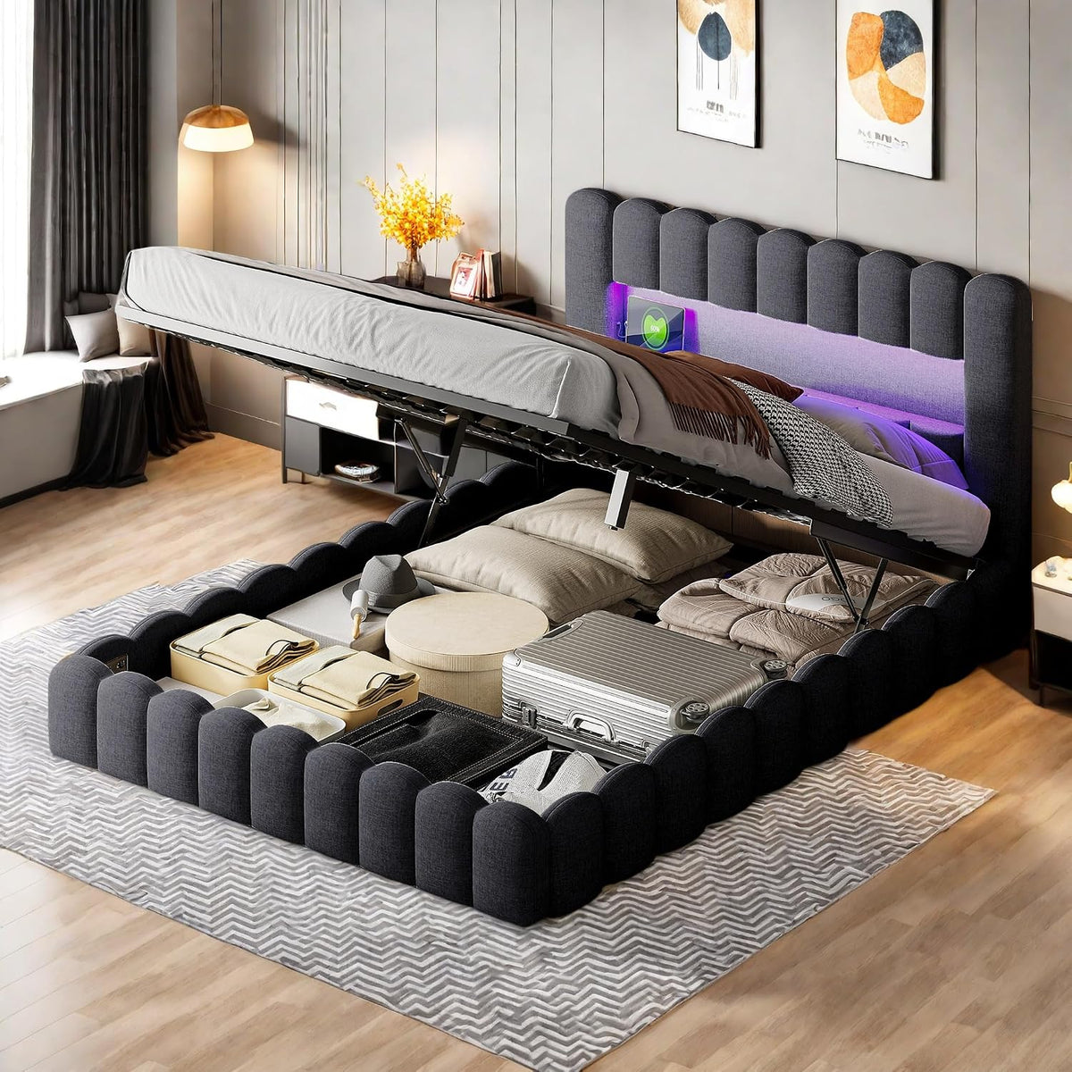 Łóżko tapicerowane, YGHQAP, 140 x 200 cm, Szary/Brązowy, MDF, oświetlenie LED, USB, pilot zdalnego sterowania, timer