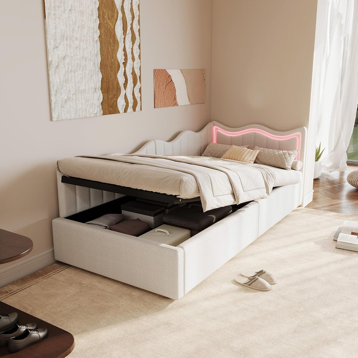 Sofa, Xnferty, 90 x 200 cm, Beżowy, MDF, 1-osobowa, oświetlenie LED, pilot zdalnego sterowania
