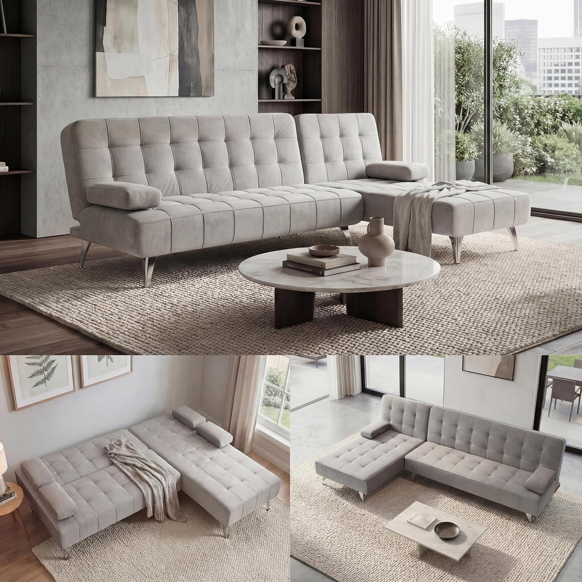 Sofa narożna, HWC-K22AM, Mendler, 236 cm, Szary, aksamit, funkcja spania, regulowane oparcie