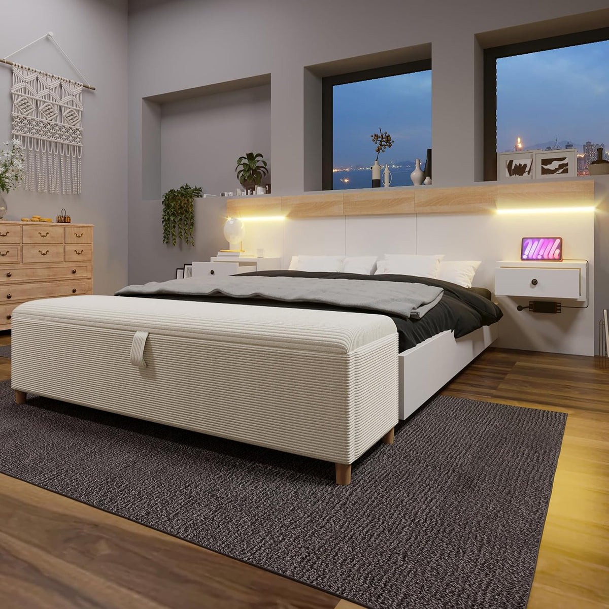 Ławka, Goldicoo, 140 x 200 cm, Brązowy/Biały, sztruks, miejsce do przechowywania, oświetlenie LED, USB
