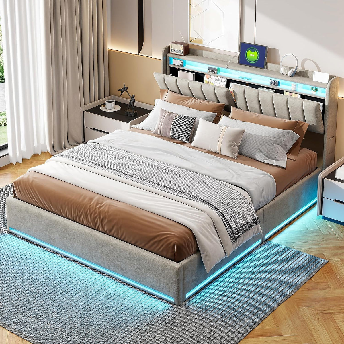 Łóżko kontynentalne, WSOFZMO, 140 x 200 cm, Szary/Niebieski, lite drewno, oświetlenie LED, USB, pilot zdalnego sterowania