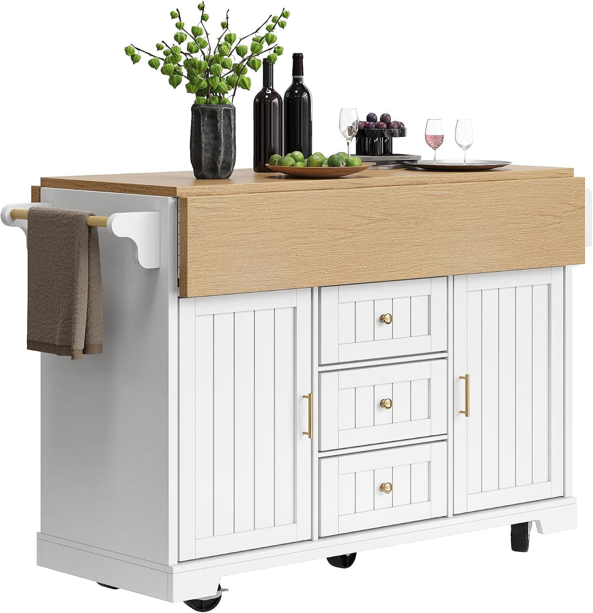HAINEW, Mobilne wyspy do przechowywania, 120x80x95 cm, 49,15 kg, Biały/Szary, MDF, 3 szuflad, składana konstrukcja