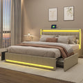 Łóżko tapicerowane, BRILVERDE, 180 x 200 cm, Beżowy, metal, miejsce do przechowywania, 4 szuflad, oświetlenie LED, USB, pilot zdalnego sterowania