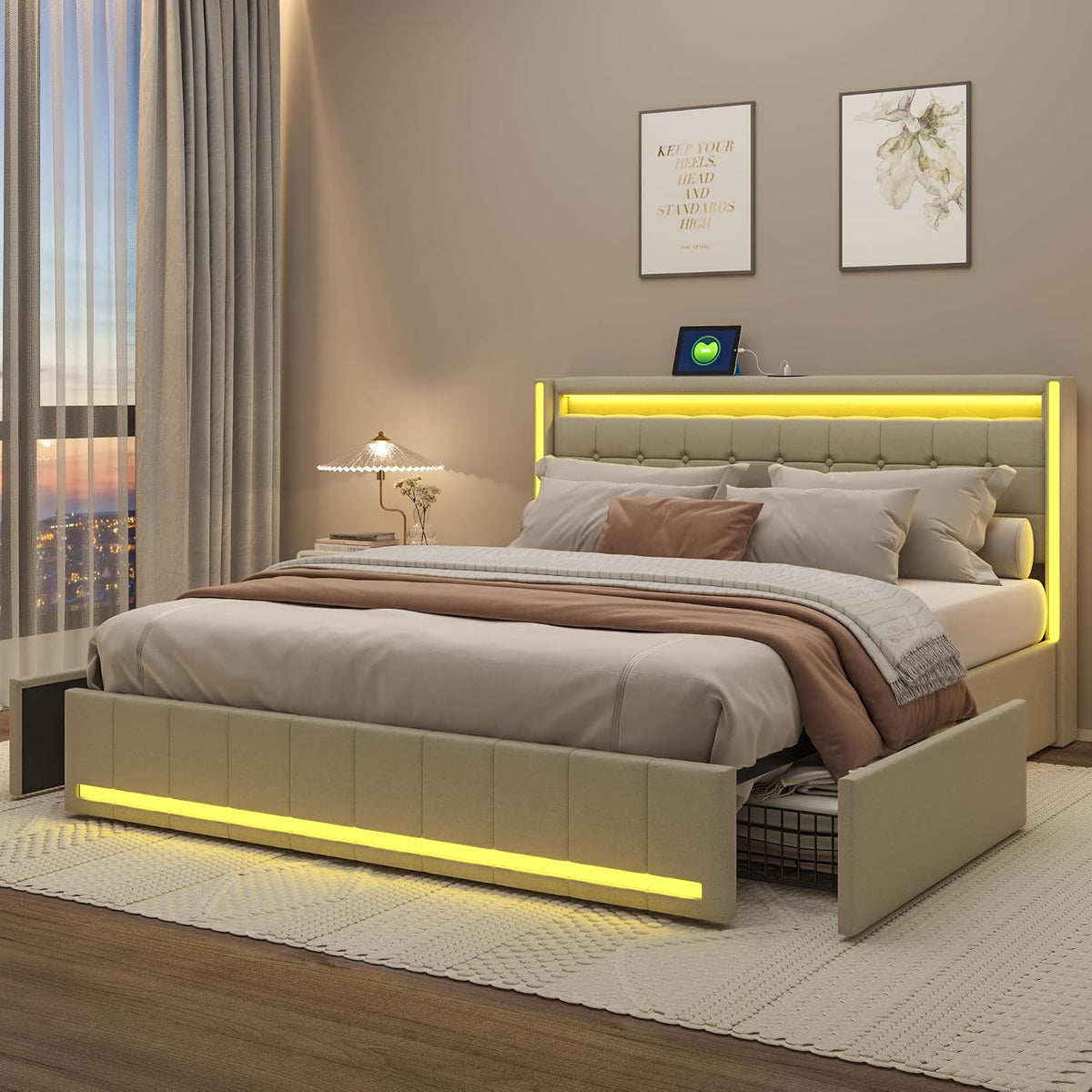 Łóżko tapicerowane, BRILVERDE, 180 x 200 cm, Beżowy, metal, miejsce do przechowywania, 4 szuflad, oświetlenie LED, USB, pilot zdalnego sterowania
