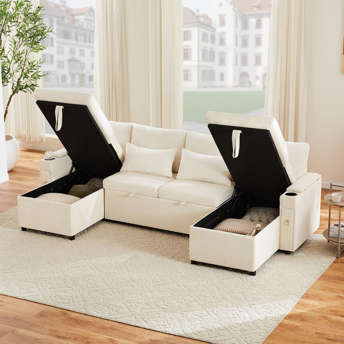 Goldicoo, Sofa narożna, 272 x 131 x 84 cm, Beżowy, sztruks, 4-osobowa, funkcja spania, miejsce do przechowywania, modułowa konstrukcja