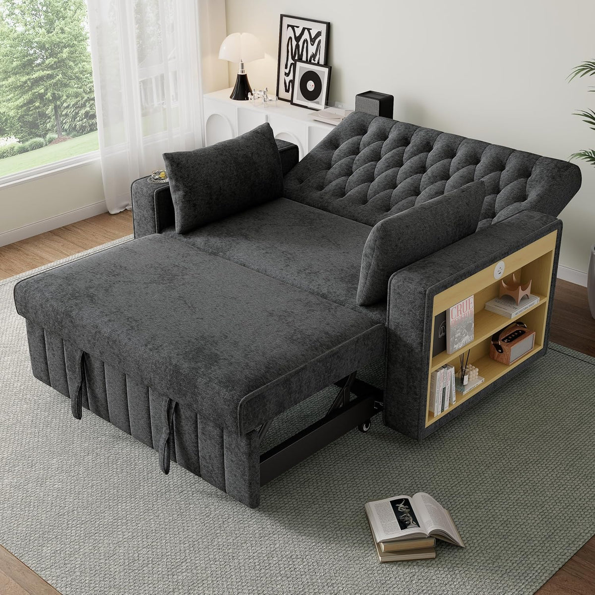 Sofa, DUlVBPE, 84 cm, Szary/Czarny, lite drewno, funkcja spania, składana konstrukcja, USB