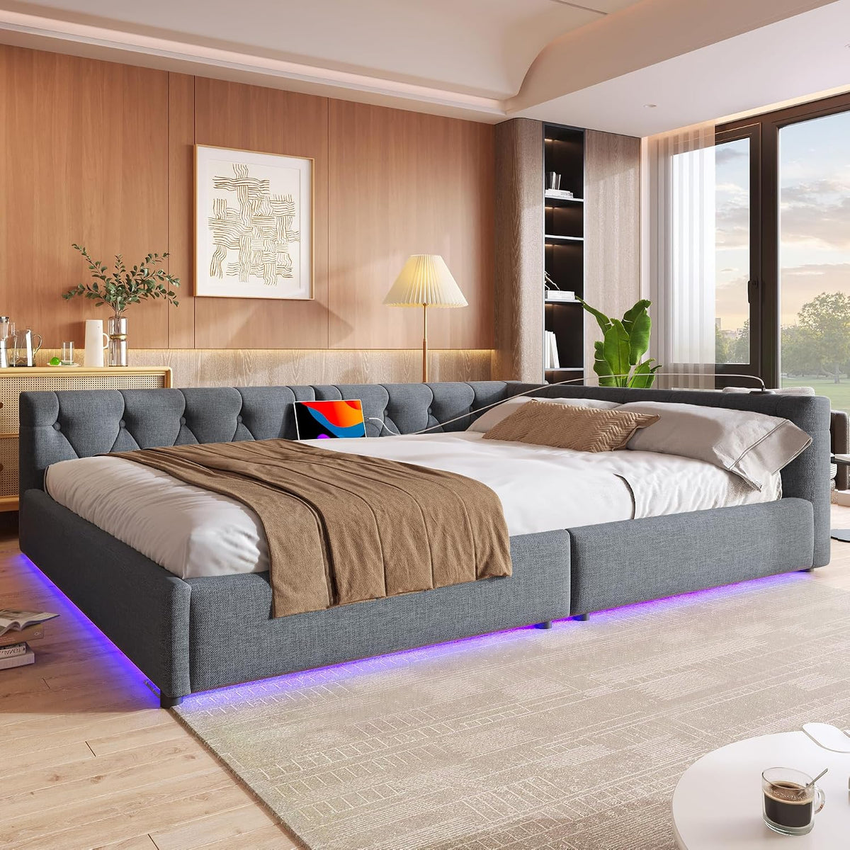 Sofa, Dolamaní, 140x200 cm, Szary, MDF, oświetlenie LED, USB