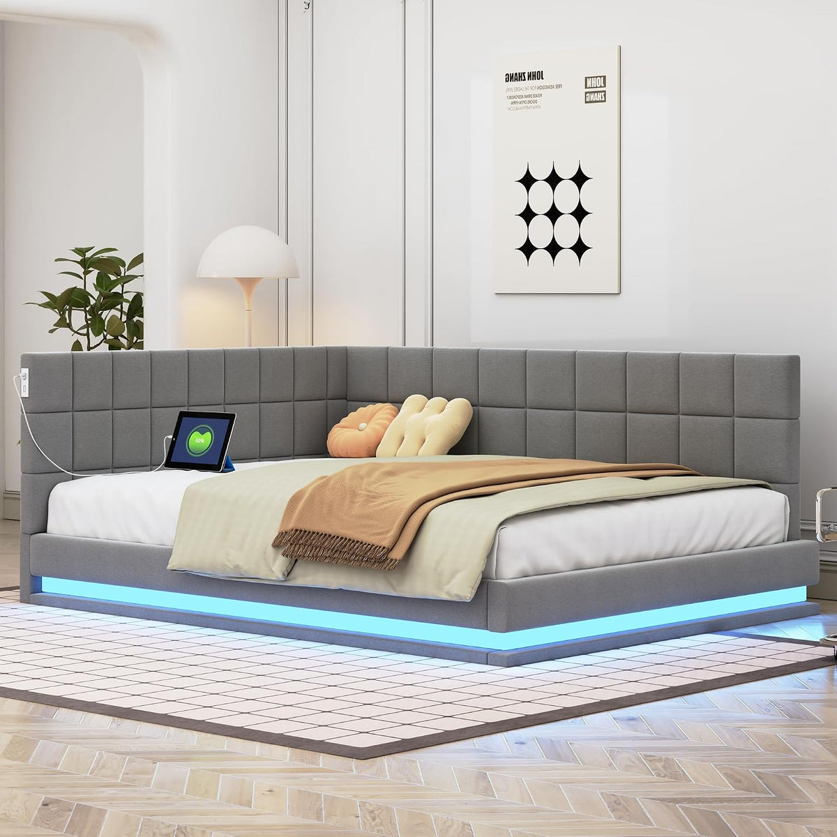 AilZylphera, Sofa, 140 x 200 cm, Szary/Biały, MDF, oświetlenie LED, USB, timer