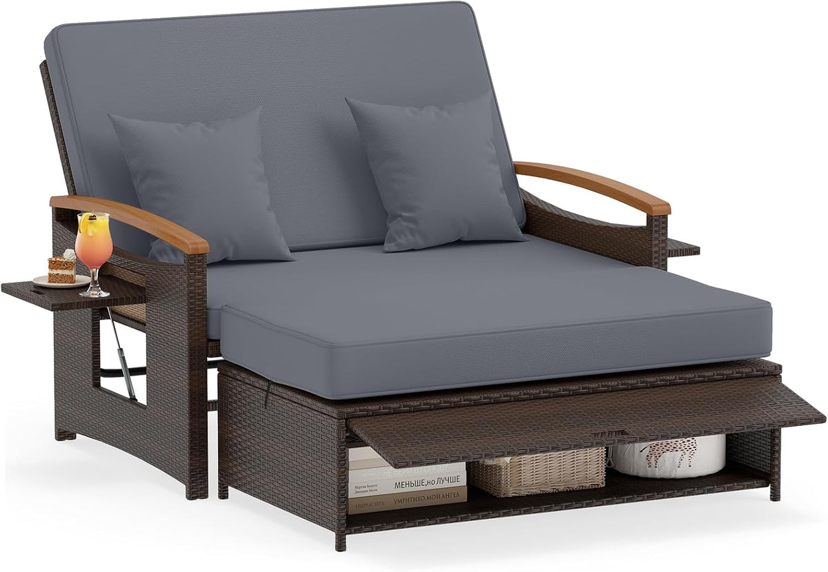 Sofa, COSTWAY, 110 x 60 x 30 cm, Szary/Brązowy, polirattan, 2-osobowa, miejsce do przechowywania
