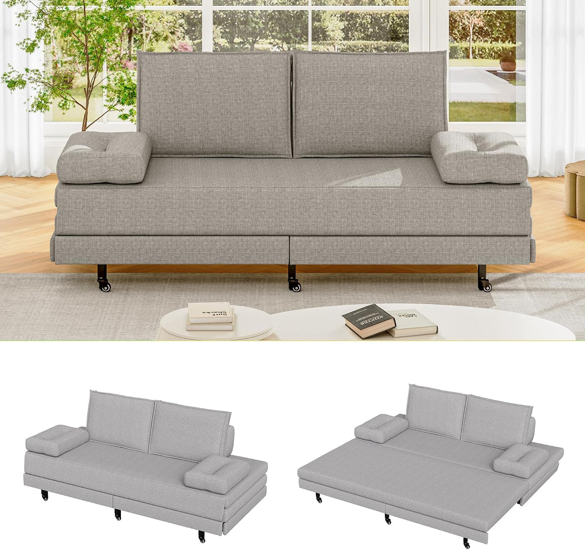 Sofa, DAHUEN, 180 x 200 cm, Beżowy/Szary, metal, 2-osobowa, funkcja spania, składana konstrukcja