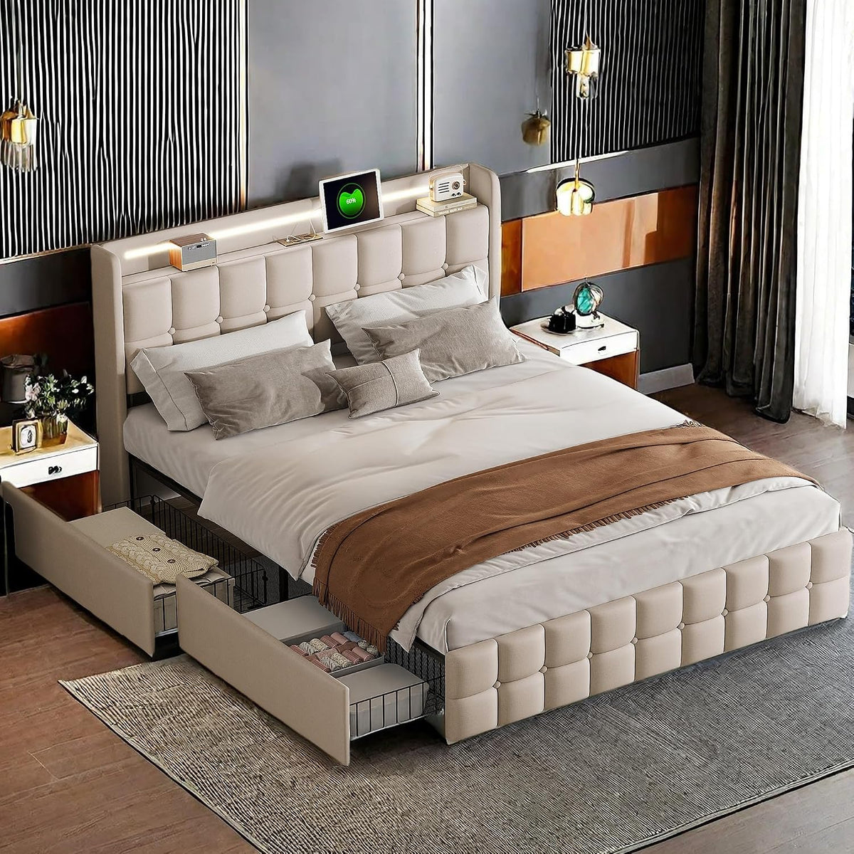 Łóżko z materacem, YYXLDYNB, 180 x 200 cm, Beżowy, metal, 2-osobowe, miejsce do przechowywania, 4 szuflad, oświetlenie LED, USB