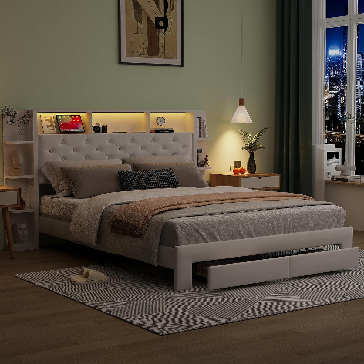 Łóżko z materacem, KRYZOR, 160,5 x 219 x 117 cm, Biały, aksamit, oświetlenie LED, USB, pilot zdalnego sterowania, timer