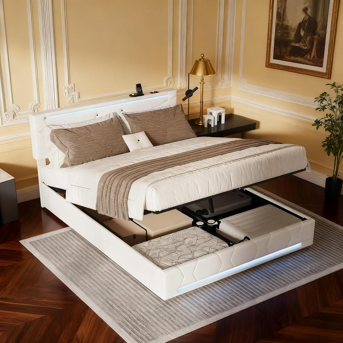 Łóżko tapicerowane, DAHUEN, 160 x 200 cm, Beżowy, metal, oświetlenie LED, USB