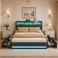 Łóżko tapicerowane, JiaOyu, 140 x 190 cm, Beżowy/Brązowy, metal, miejsce do przechowywania, 4 szuflad, oświetlenie LED, USB, pilot zdalnego sterowania