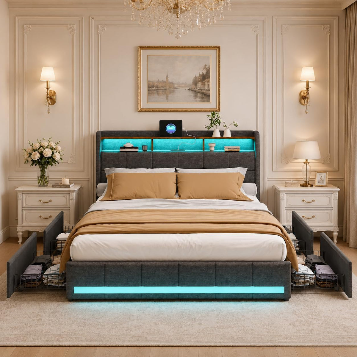 Łóżko tapicerowane, JiaOyu, 140 x 190 cm, Beżowy/Brązowy, metal, miejsce do przechowywania, 4 szuflad, oświetlenie LED, USB, pilot zdalnego sterowania
