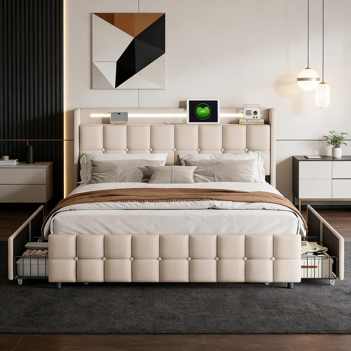 Łóżko tapicerowane, HOOGDLJ, 180 x 200 cm, Beżowy, metal, 4 szuflad, oświetlenie LED, USB