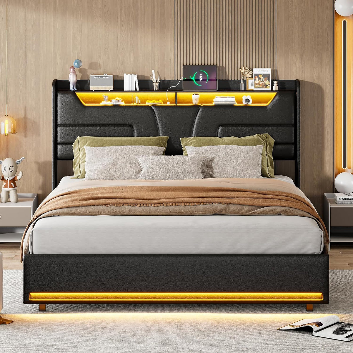 Łóżko tapicerowane, BPKADHY, 160 x 200 cm, Brązowy/Beżowy, metal, miejsce do przechowywania, oświetlenie LED, USB