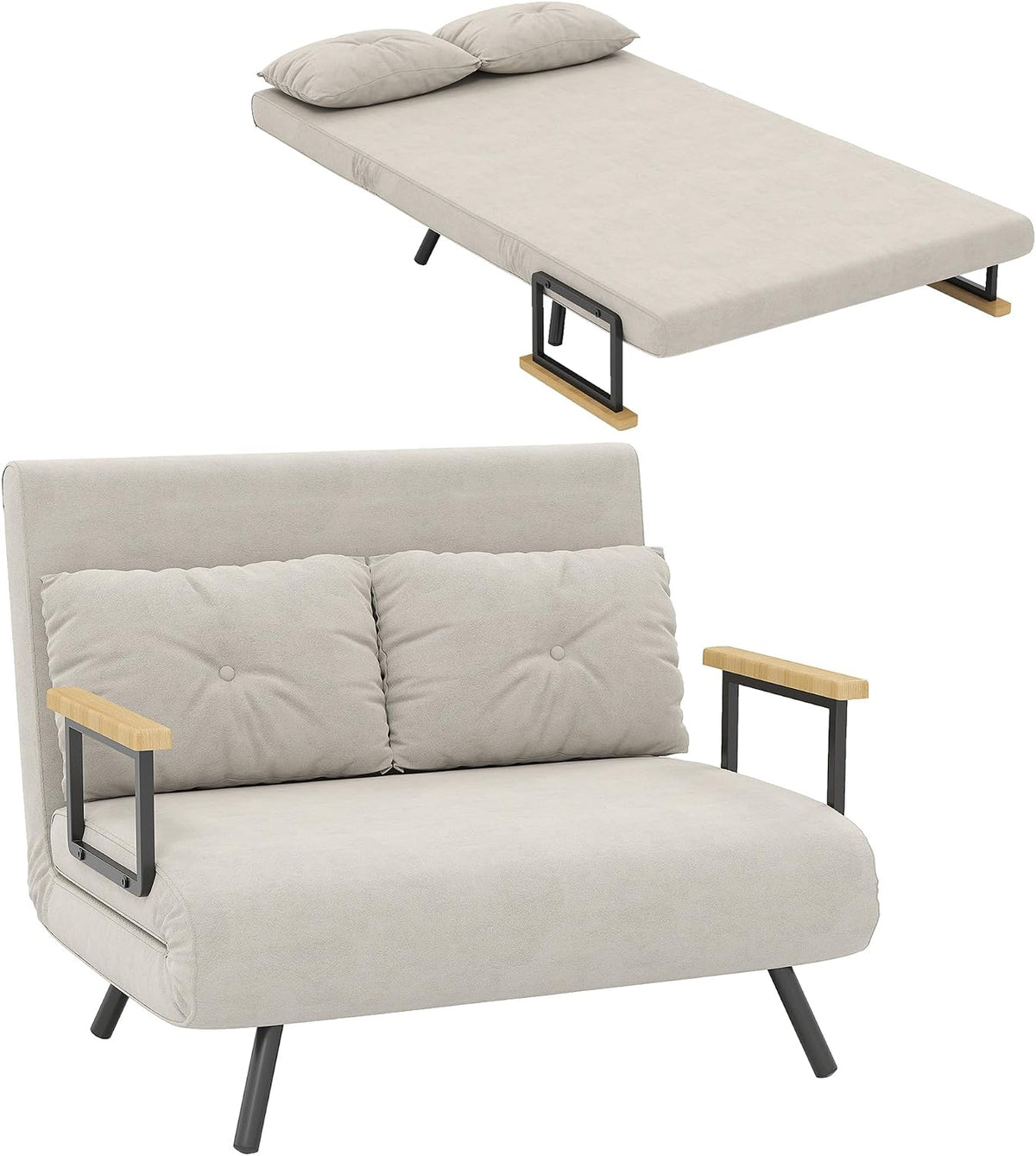 Sofa, HOMCOM, 183 x 98,5 cm, 4 W, 102 L, Beżowy, aksamit, 2-osobowa, funkcja spania, składana konstrukcja