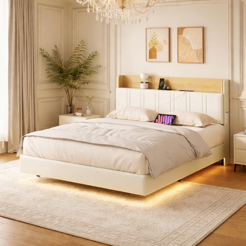 CXHLXYR, Łóżko tapicerowane, 160 x 200 cm, Biały, metal, 2-osobowe, oświetlenie LED, USB, pilot zdalnego sterowania