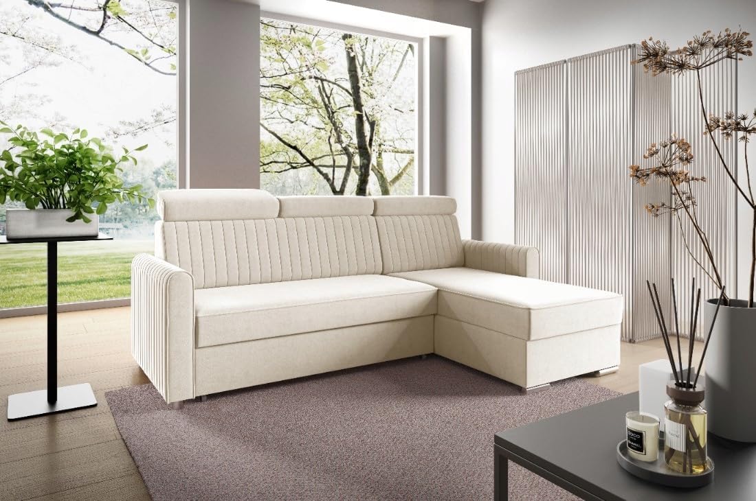 Sofa narożna, LIKMA, 213x100x165 cm, Beżowy, aksamit, funkcja spania
