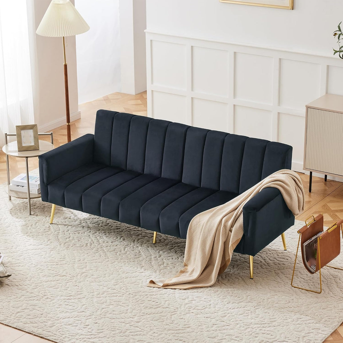 Sofa rozkładana, AilZylphera, 220 x 104 cm, Szary/Beżowy, lite drewno, 2-osobowa, funkcja spania, regulowane podłokietniki