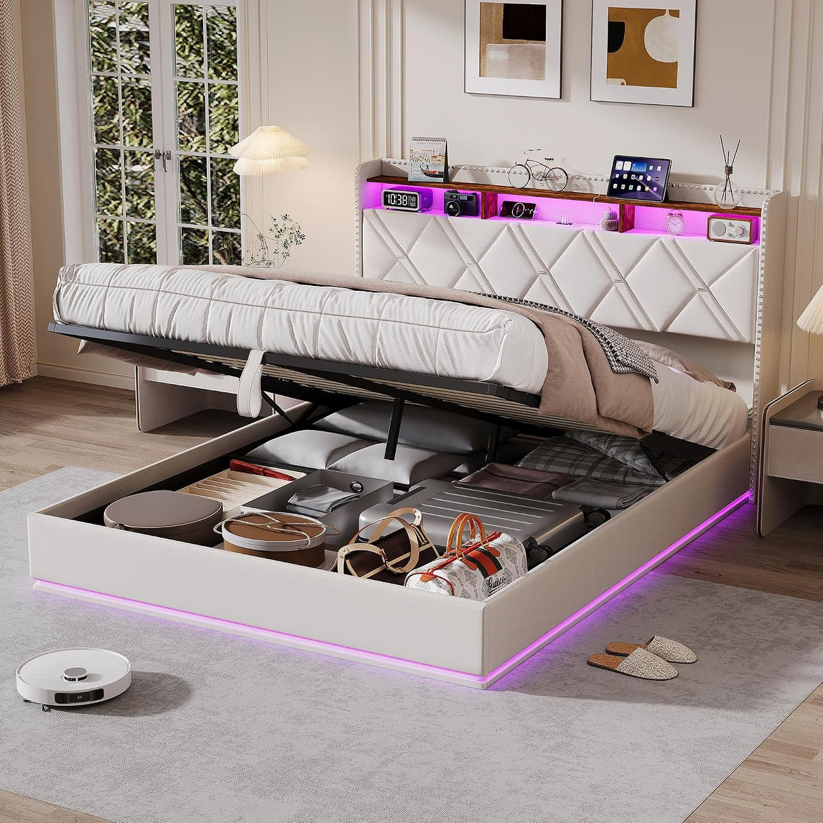 Łóżko tapicerowane, WSOFZMO, 140 x 200 cm, Szary/Brązowy, MDF, oświetlenie LED, USB