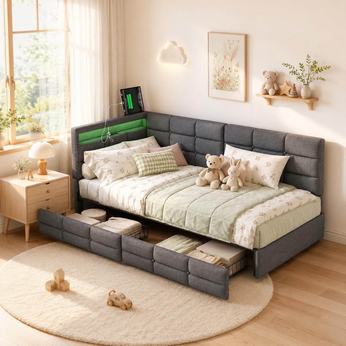 Sofa, KRYZOR, 90 x 200 cm, Beżowy/Brązowy, MDF, funkcja spania, 2 szuflad, oświetlenie LED, USB