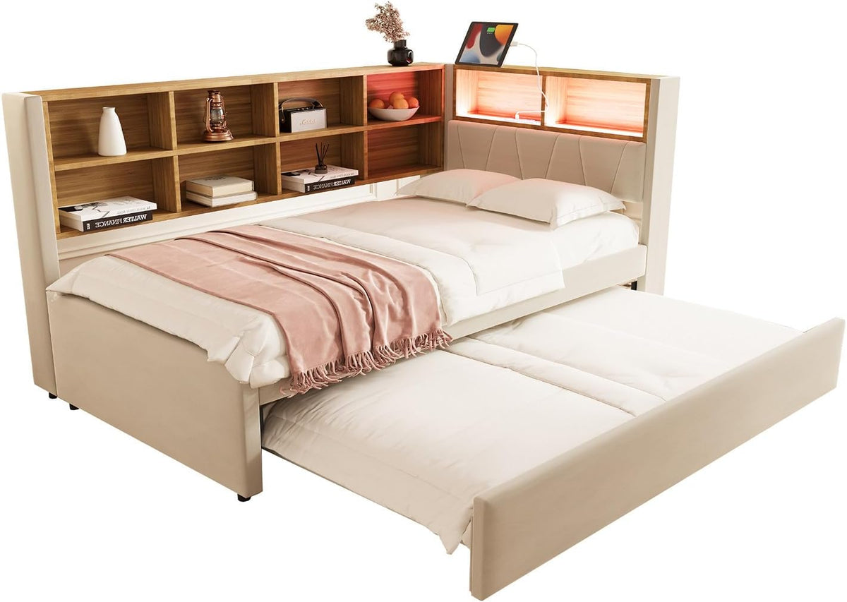 MLYYYDSS, Sofa rozkładana, 200 cm, Beżowy, MDF, miejsce do przechowywania, oświetlenie LED, USB